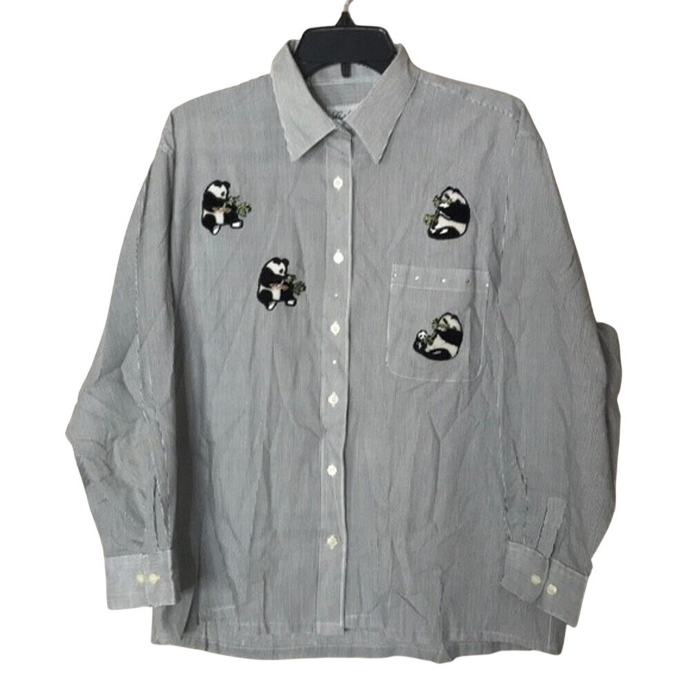 Get Lucky Button Down Women's Panda Embroidered Striped Shirt Large
